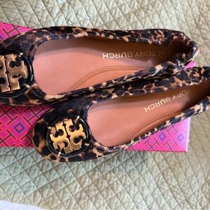 Tory Burch Animal Print Flats with Gold Logo